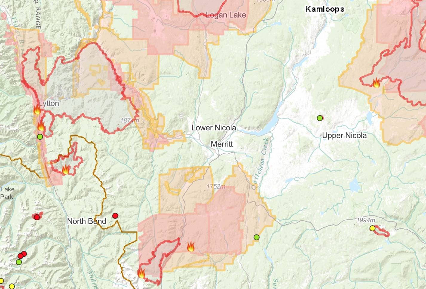 Both the July Mountain fire, and the Brook Creek fire, concern Merritt. Image BC Wildfire