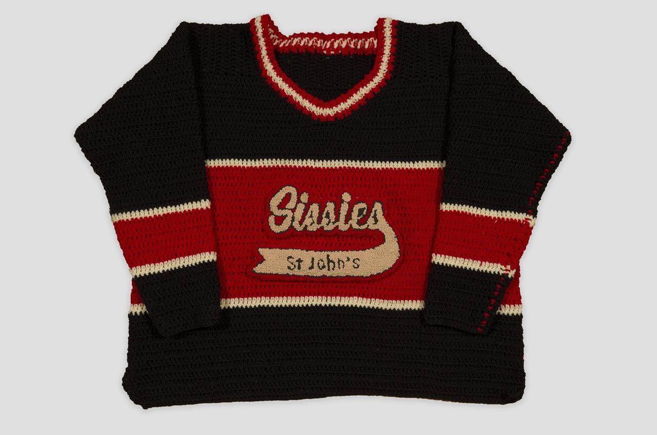 A crocheted jersey is shown in this undated handout photo. Newfoundland artist Lucas Morneau spent much of the COVID-19 pandemic crocheting and rug-hooking jerseys for the 14 teams — like the St. John’s Sissies and the Dildo Dykes — in his make-believe Queer Newfoundland Hockey League. THE CANADIAN PRESS/HO - Lucas Morneau