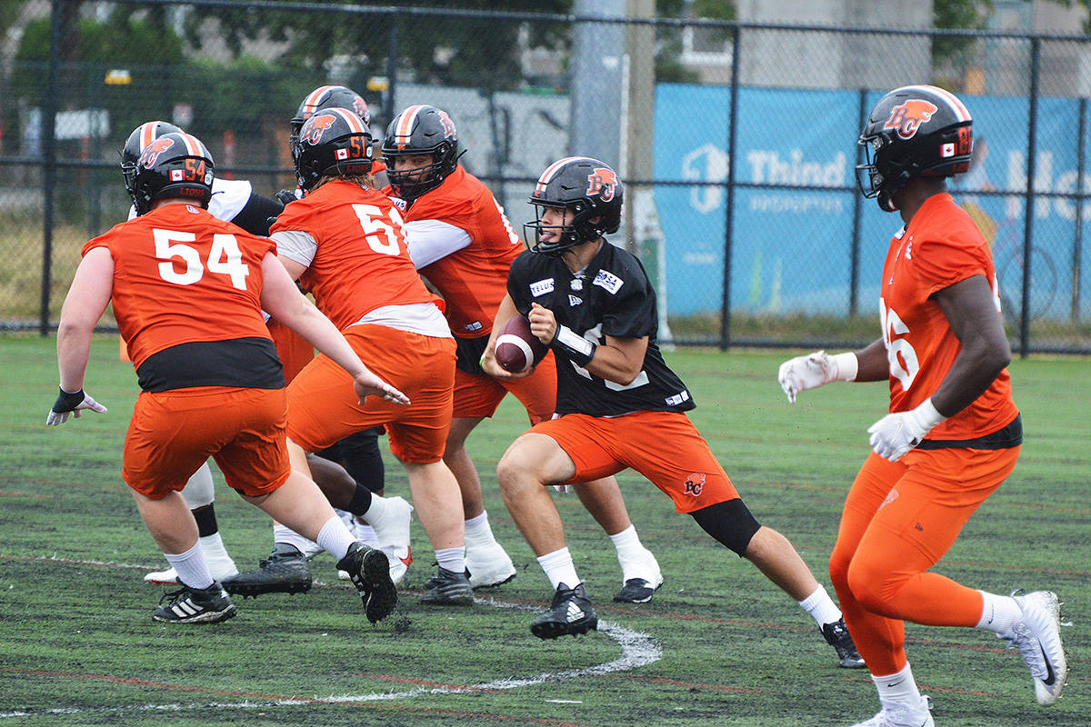 BC Lions players practice at the football team’s Surrey facility on Monday (Aug. 16, 2021). The CFL squad will play a home game Thursday night (Aug. 19) at BC Place, for the first time in nearly two years. (Photo: Tom Zillich)