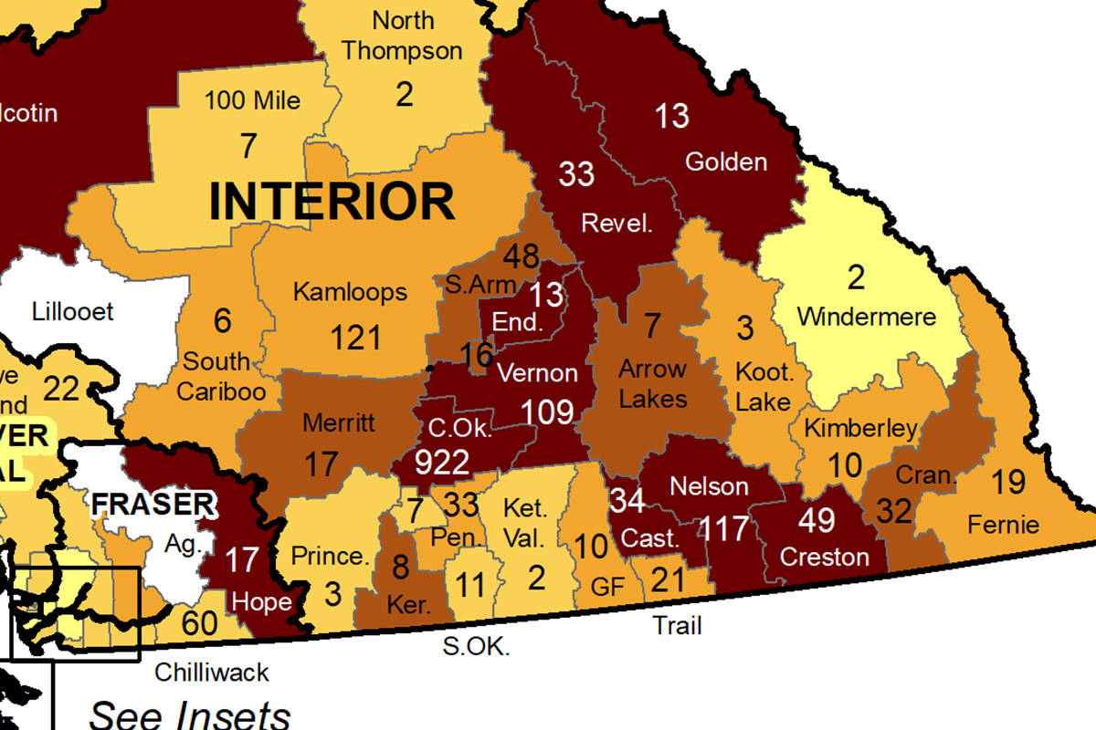 A map showing COVID-19 weekly case counts in the B.C. Interior between Aug. 8 and 14. (BCCDC)