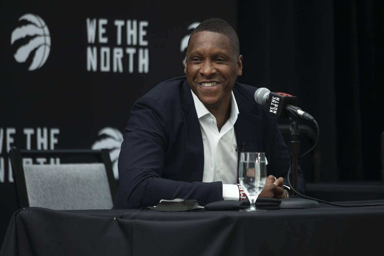 Toronto Raptors executive Masai Ujiri attends a press conference in Toronto on Wednesday August 18, 2021. THE CANADIAN PRESS/Chris Young
