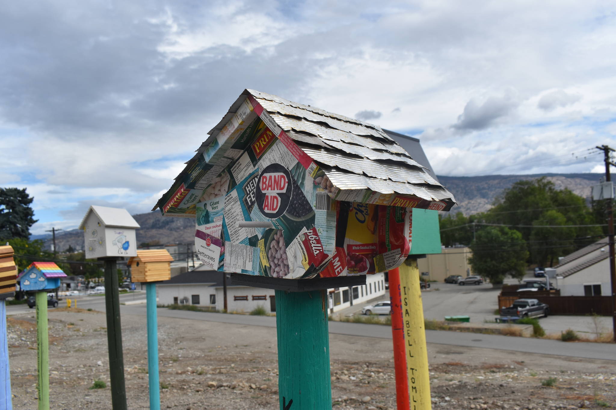 A birdhouse made out of brand labels and tin-cans showcasing the difficulty in providing house or food for some (Clayton Whitelaw/Penticton Western News)