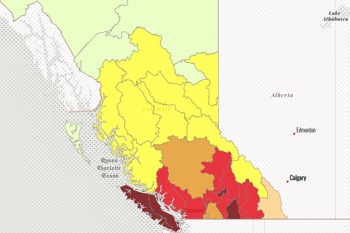 Much of southern B.C. remains under drought conditions (B.C. Drought Map/B.C. Drought Information Portal)
