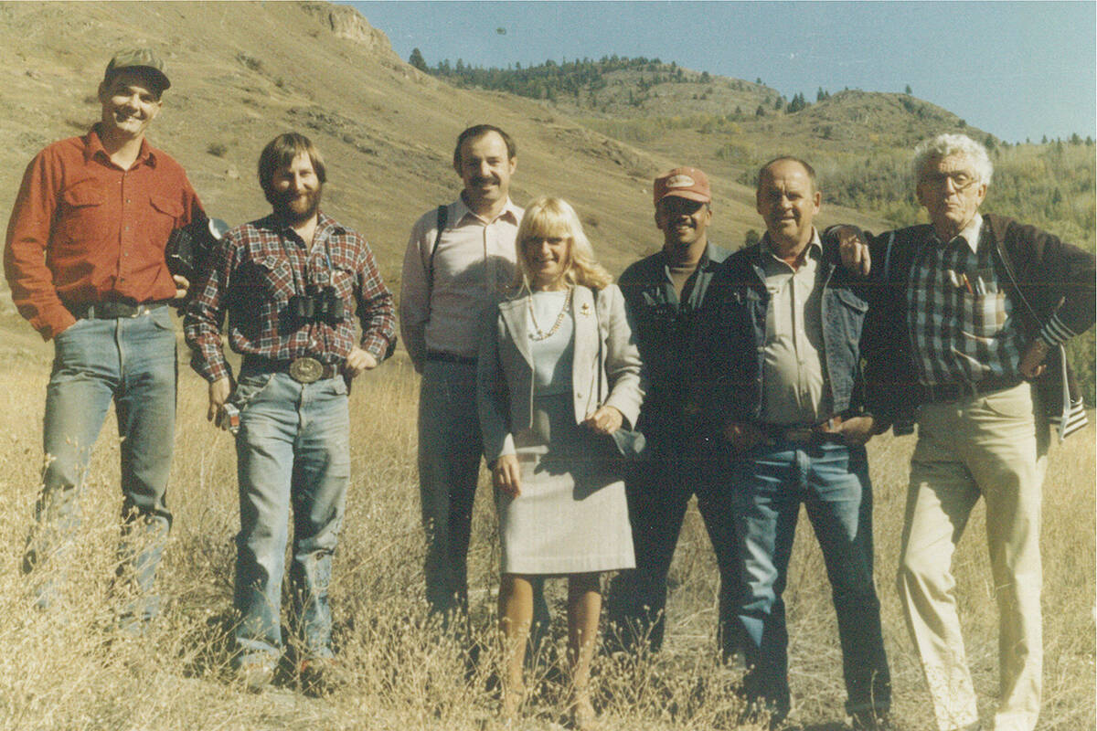 (From the left) The Grand Forks Sheep Committee’s Barry Brandow, Sr. and Wayne Rieberger, the Grand Forks Chamber of Commerce’s Rick Jones and Midge Brandow, rancher John Mehmal, Conservation Officer Bob Shepherd and Logan Morrison pose for a photo in the Gilpin Grasslands in September 1985, half a year after they reintroduced a herd of bighorn sheep to the area. Photo courtesy of Barry Brandow, Sr.