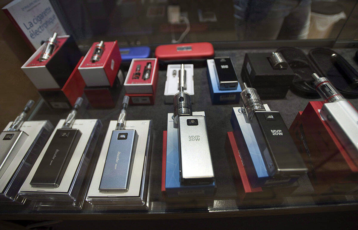 Electronic cigarettes are seen in a display case at a store in downtown Montreal, Wednesday, May 6, 2015. A study looks at the use of electronic cigarettes among Canadian teens and whether it might lead to tobacco use. THE CANADIAN PRESS/Ryan Remiorz