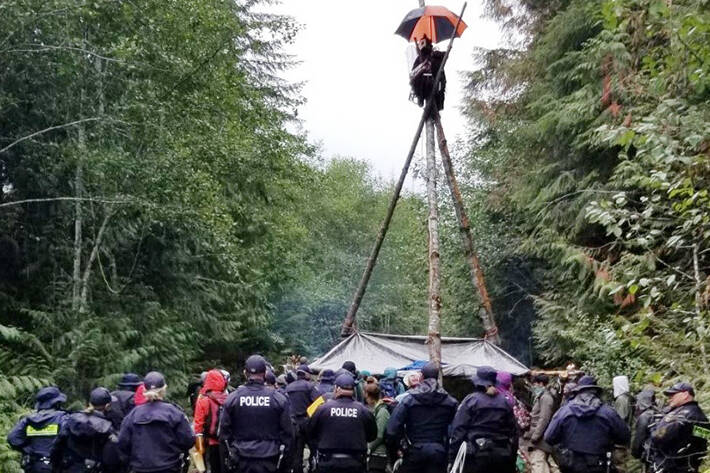 RCMP officers gather in front of a tripod erected by protesters on the Granite Mainline Forest Service Road in the Fairy Creek watershed on Tuesday, Sept. 14. (RCMP photo)