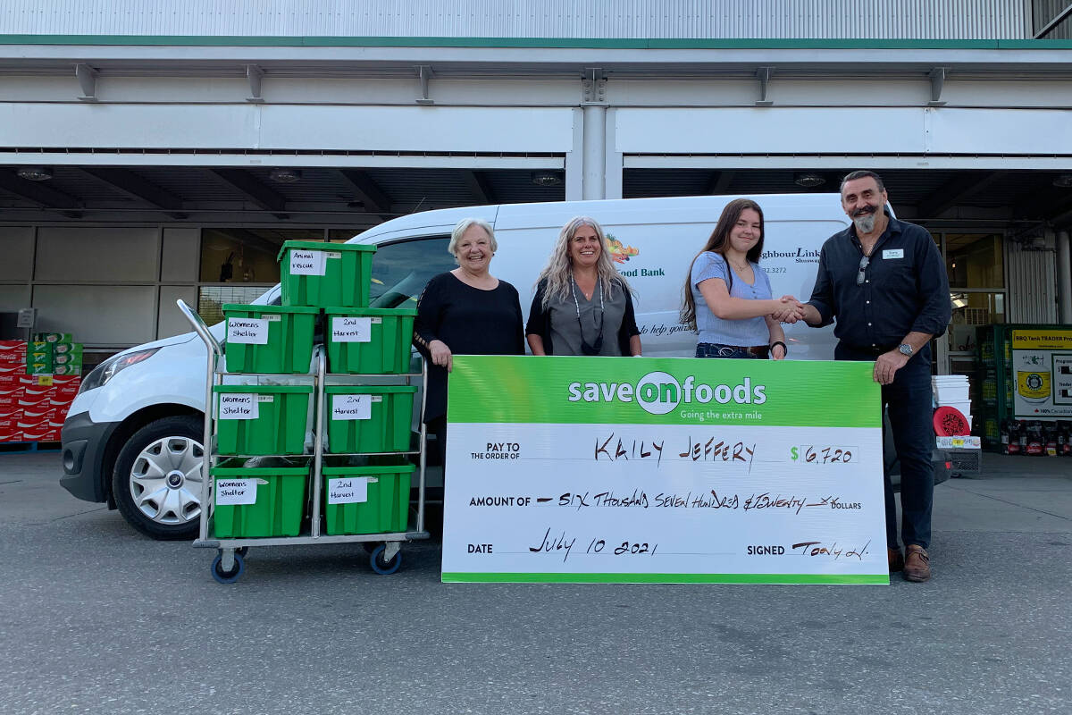 From left to right: Vahlleri Semeniuk on behalf of the Second Harvest Food Bank; Jaylene Bourdon on behalf of the SAFE Society; Kaily Jeffery, who raised and sold her own 4H steer; and Tony Nikic, manager of the Salmon Arm Save-On-Foods, who bought Jeffery’s steer and donated the meat to Second Harvest and the SAFE Society. (Contributed)