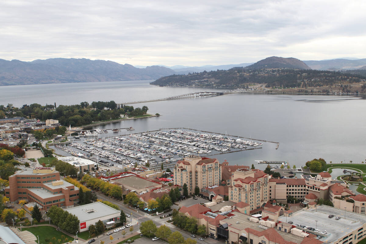 The view of Kelowna’s waterfront from the 36th floor of One Water Street’s east tower on Sept. 22. (Aaron Hemens/Capital News)