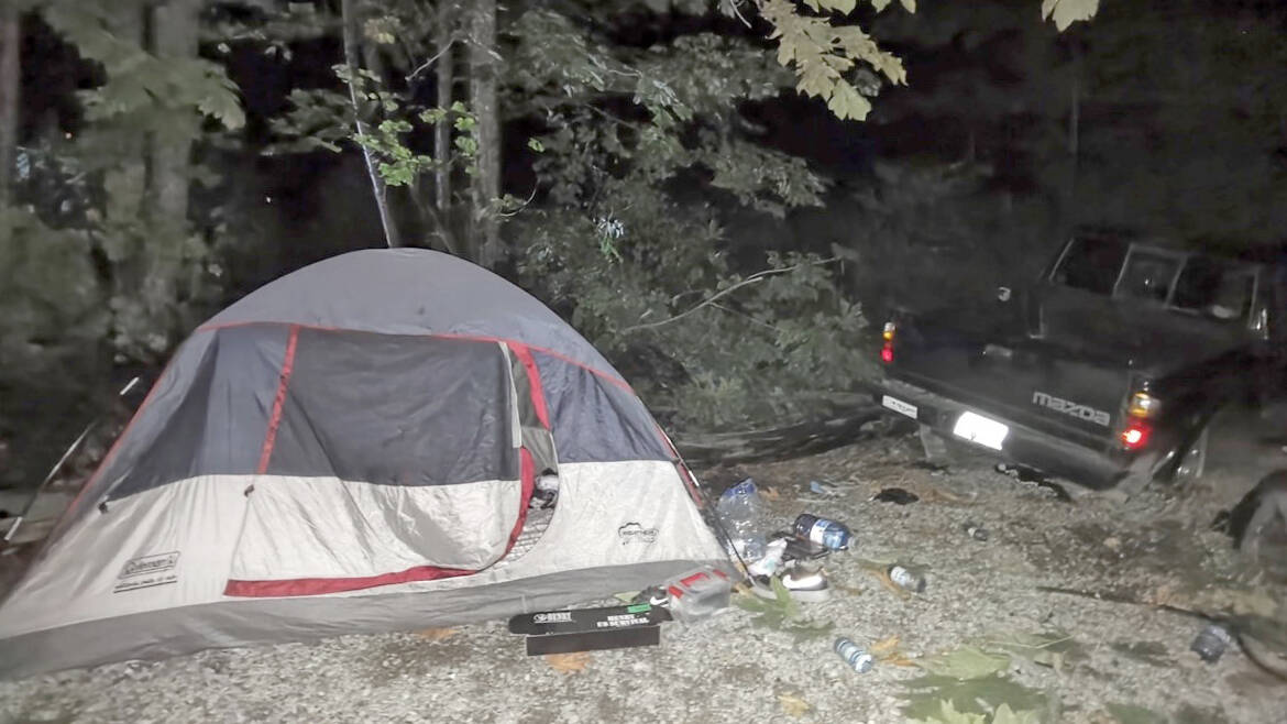 A family of three camping off of East Harrison Forest Service Road were nearly killed when a truck crashed in from the road, coming to a stop a few feet away from their tent. (Photo/Michelle Labor)