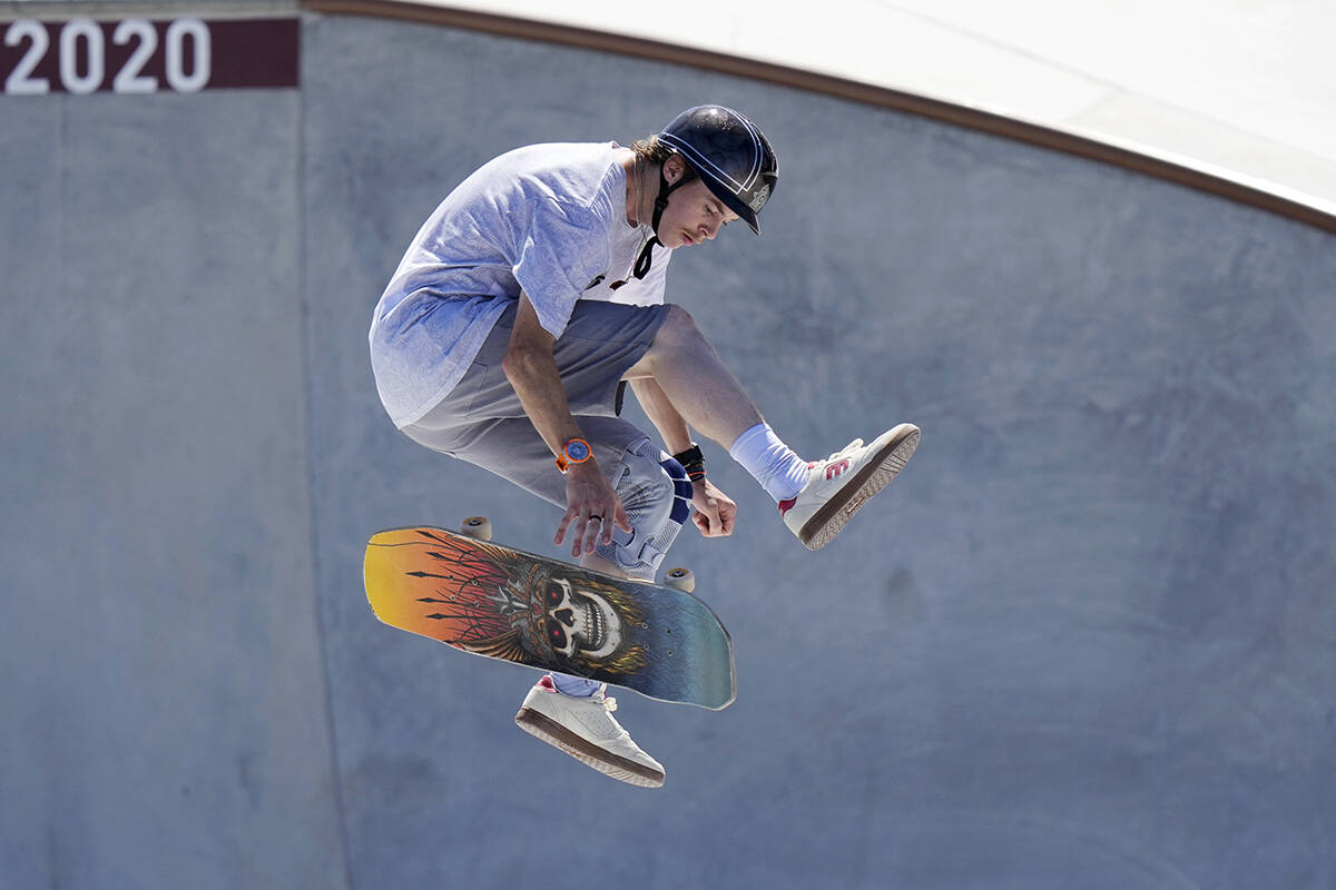 White Rock’s Andy Anderson competes in the men’s park skateboarding preliminary heats at the Tokyo Summer Olympics on Aug. 5. Though he didn’t advance to the final round, he gained a fan in legendary skater Tony Hawk. (AP Photo/Ben Curtis)