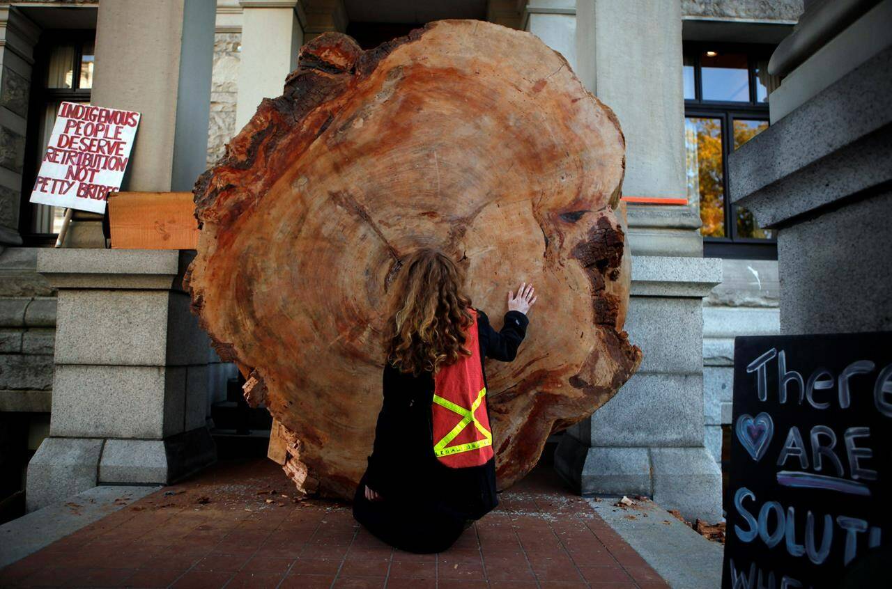 Protesters to old-growth logging used a 1200-year-old slice of a tree to block an entrance in the west wing where British Columbia Premier John Horgan’s office is located in the legislature in Victoria on Monday, Oct. 4, 2021. THE CANADIAN PRESS/Chad Hipolito