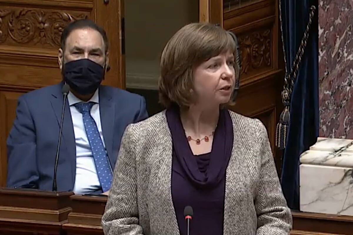 Mental Health and Addictions Minister Sheila Malcolmson speaks in the B.C. legislature, March 2021. (Hansard TV)