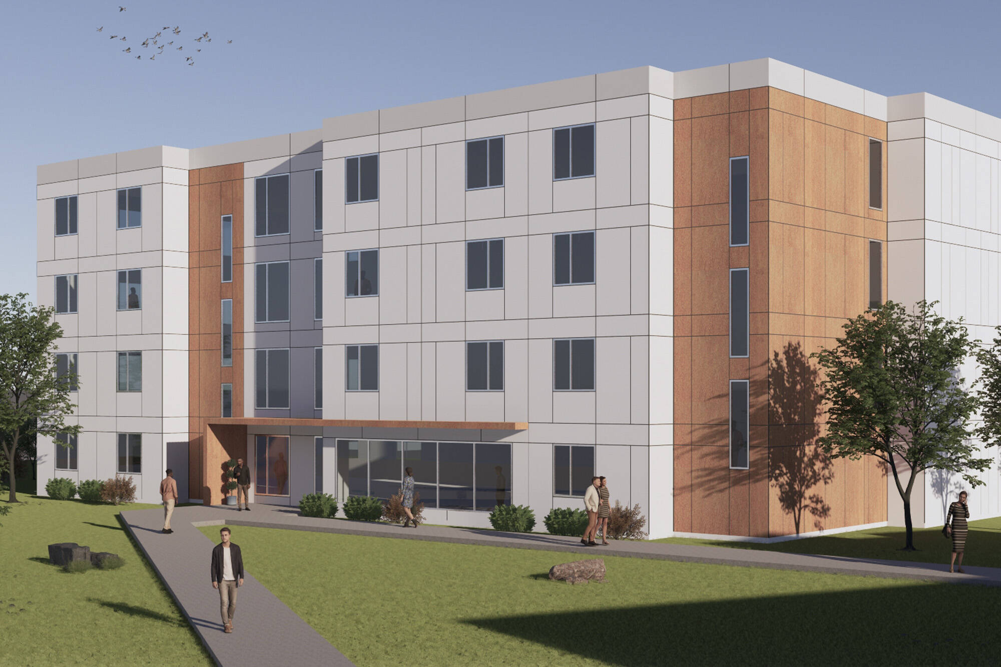 This conceptual rendering shows 60 units of student housing at the Salmon Arm campus of Okanagan College with construction expected to begin in 2022 and be completed by 2024. (Okanagan College image)