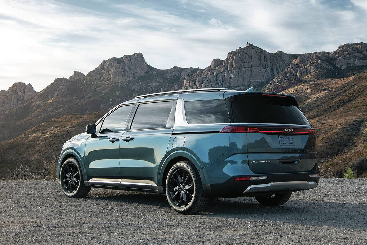 The wide rear pillar and the shorter section of side glass give the impression the Carnival is as much utility vehicle as minivan. That’s not the case, however, as the Carnival does not offer all-wheel-drive. PHOTO: KIA