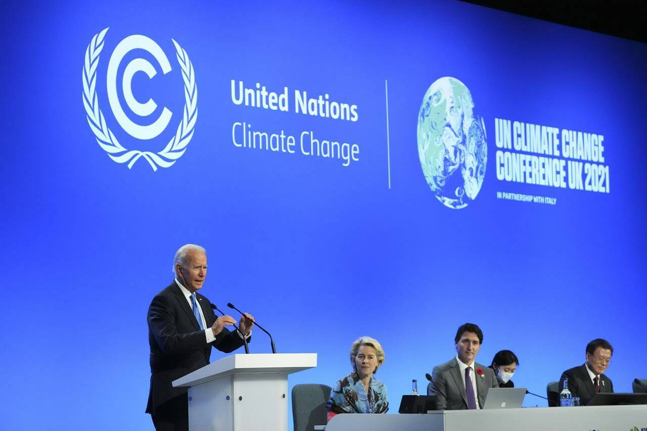 Prime Minister Justin Trudeau listens as U.S. President Joe Biden, left, speaks at an event about the Global Methane Pledge at COP26 in Glasgow, Scotland on Tuesday, Nov. 2, 2021. Biden will be hosting Trudeau and Mexican President Andres Manuel Lopez Obrador in Washington next week..THE CANADIAN PRESS/Sean Kilpatrick