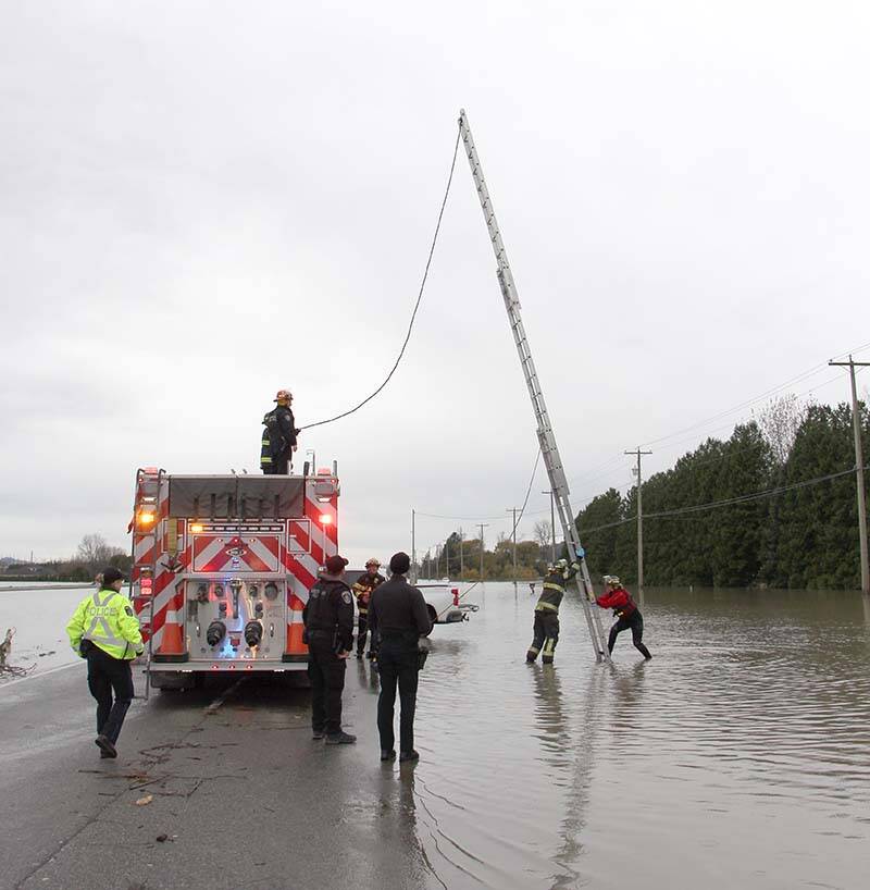 Fire crews arrived on the scene and began lowering a long ladder into the water. (Vikki Hopes/Abbotsford News)