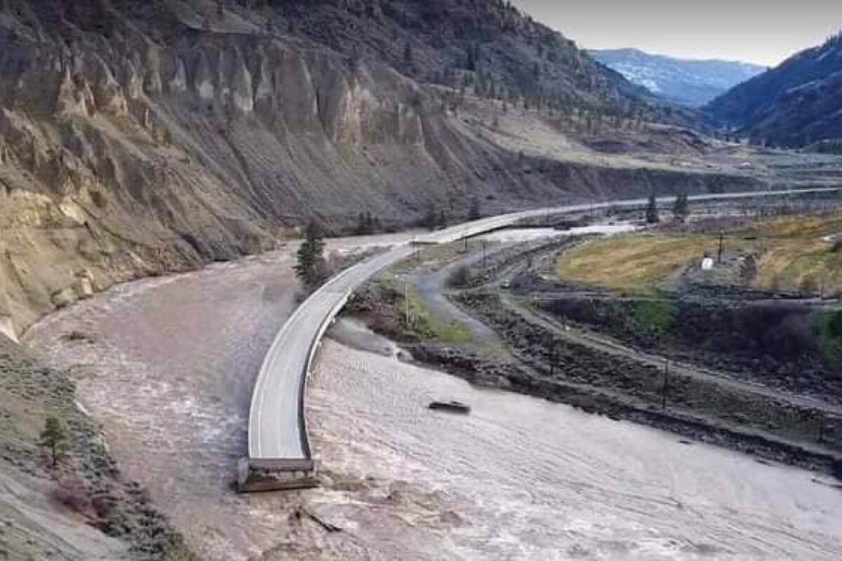 Damage to a section of road along Highway 8 about six kilometres east of Spences Bridge. (Photo credit: Ryan Papps)