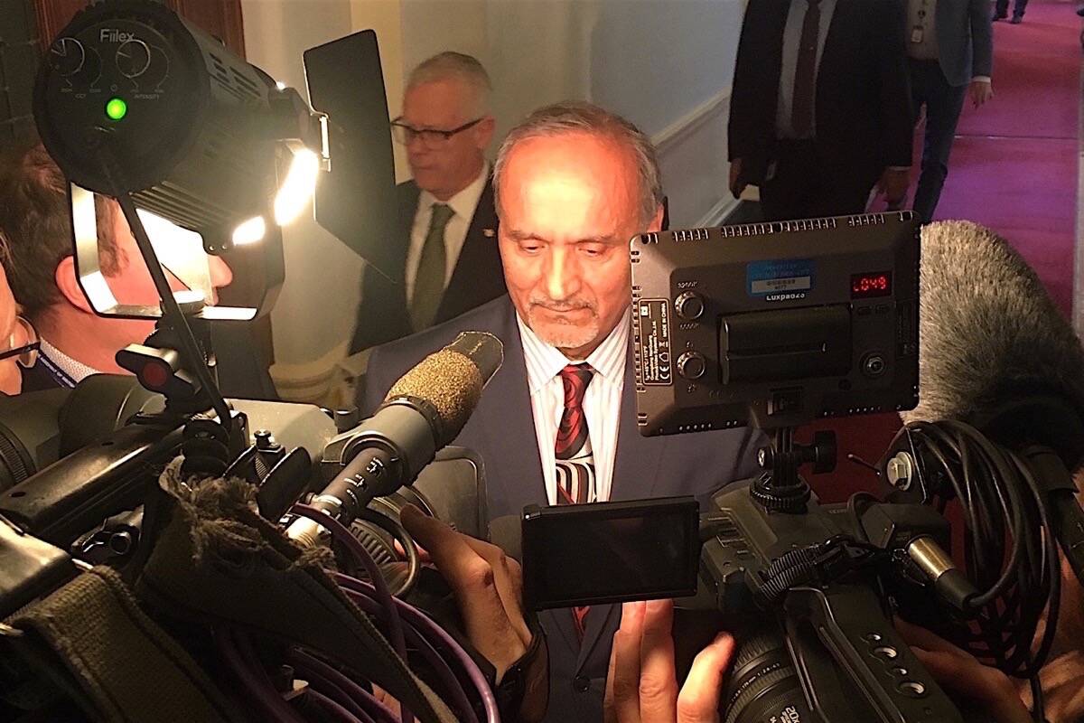 B.C. Labour Minister Harry Bains takes questions about his decision to keep secret-ballot votes for union certification, as demanded by the B.C. Green Party, Nov. 20, 2019. (Tom Fletcher/Black Press)