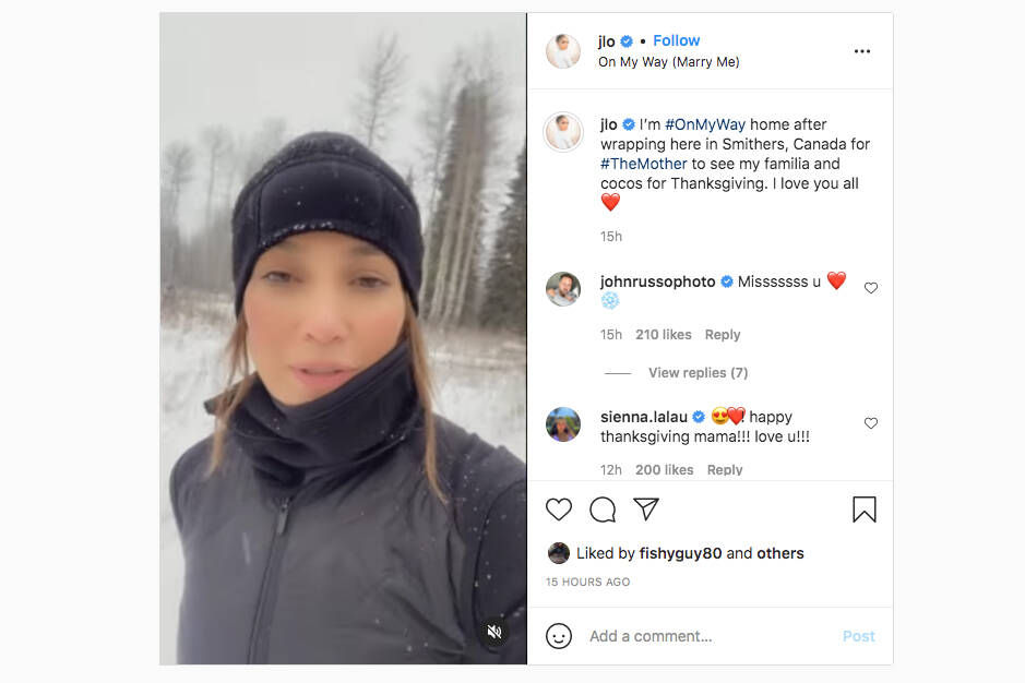 Jennifer Lopez posted to Instagram that she is finished her part of filming in Smithers. (Screenshot)