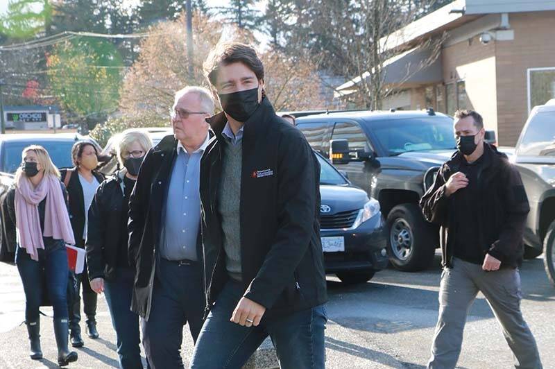 Prime Minister Justin Trudeau arrives at Abbotsford City Hall on Friday, Nov. 26, 2021 to meet with Mayor Henry Braun and others. (Andy Holota/Black Press Media)