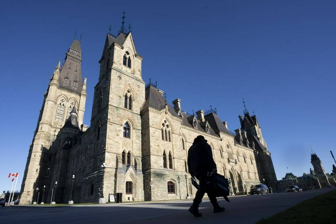 A worker walks past the West block as Parliament returns, in Ottawa, Monday, Nov. 22, 2021. The government has introduced a bill today to create 10 days of paid sick leave for federally regulated workers, and also to create criminal code offences for anyone threatening a health care worker. THE CANADIAN PRESS/Adrian Wyld