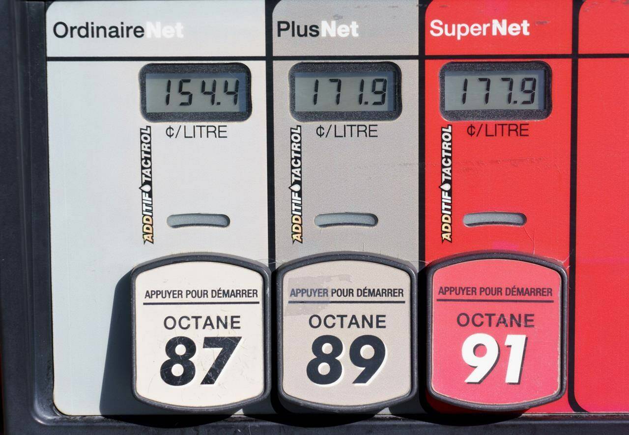 Gas prices are displayed on a pump at a gas station in Montreal, Wednesday, Oct. 20, 2021. Canadians will get a short reprieve from rising fuel prices as fears about a virulent new COVID-19 variant are expected to provide about an 11 cents per litre break on Sunday. THE CANADIAN PRESS/Paul Chiasson