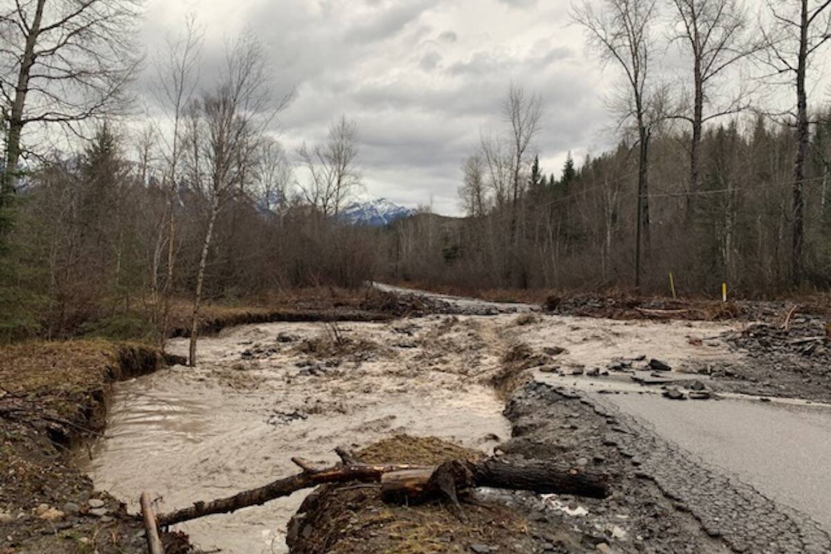 Cokato Rd south of Fernie was impacted by flooding 10 days ago when the first atmospheric river hit the province. (Image courtesy of Valerie Barry)
