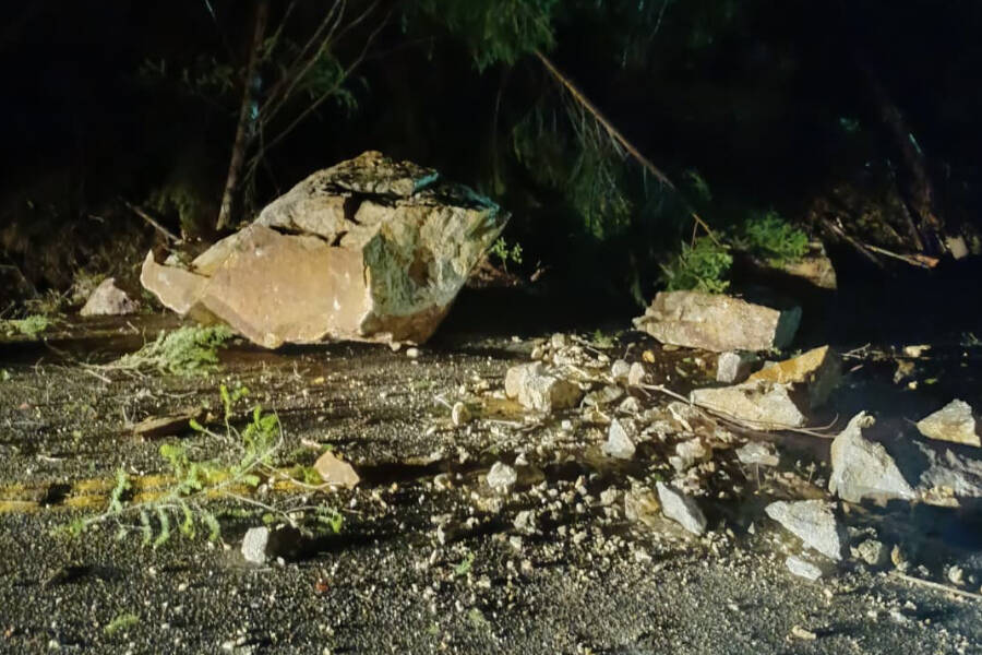 A rock slide over Highway 97A near Swansea Point Friday, Dec. 3, closed the roadway. (Trevor Seibel photo)