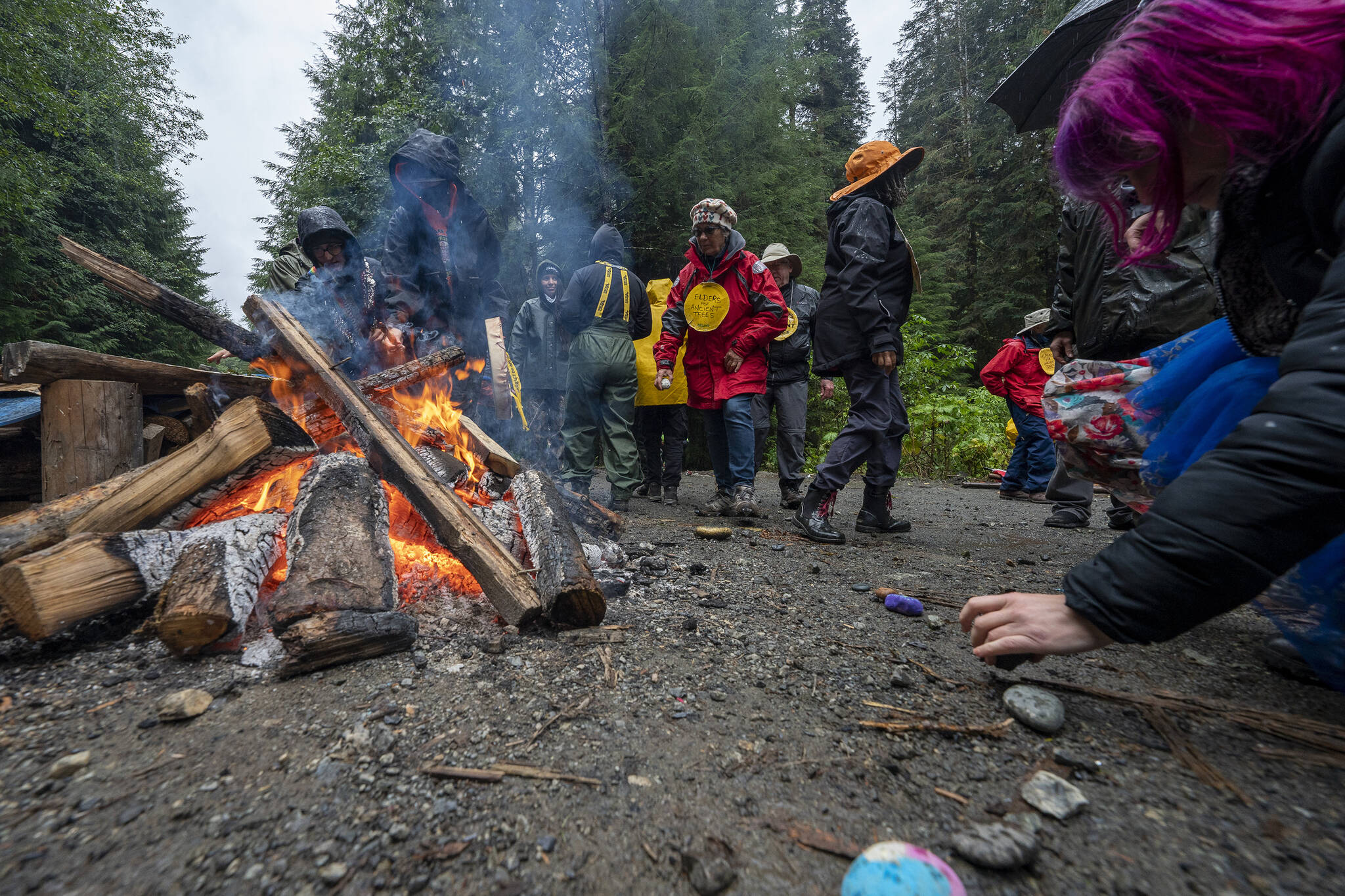 Elders for Ancient Forests along with people declaring themselves “land defenders” take part in a peace circle along a logging road in the Fairy Creek logging area near Port Renfrew, B.C. Tuesday, Oct. 5, 2021. THE CANADIAN PRESS/Jonathan Hayward