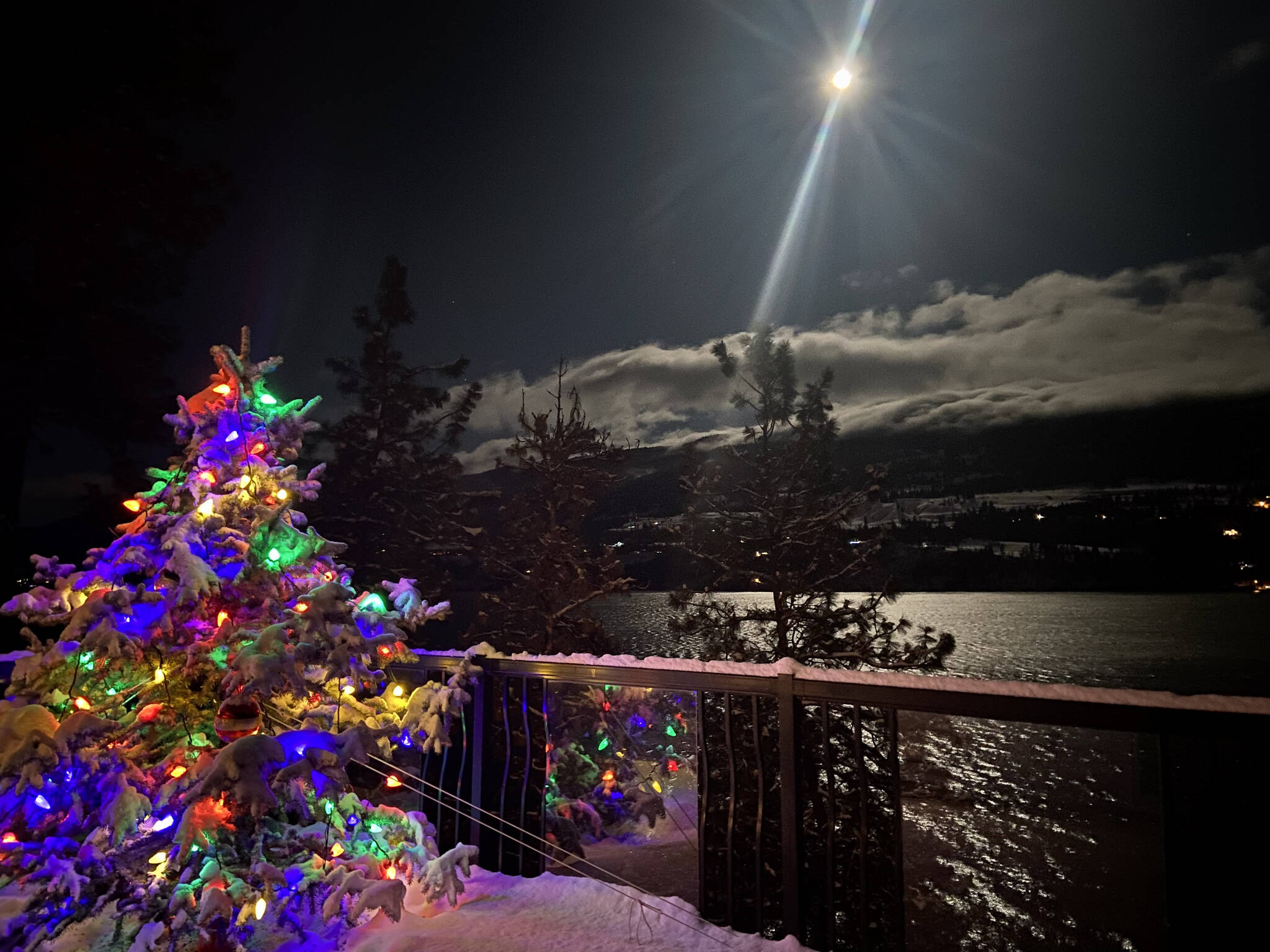 The light of the moon illuminates Wood Lake while a Christmas tree sits lit up and perched on the deck of a home in Lake Country. Upwards of 15 birds at a time have been counted perched on and eating from the tree, see additional photo on page A10. (Geri Allan-Helmer photo)