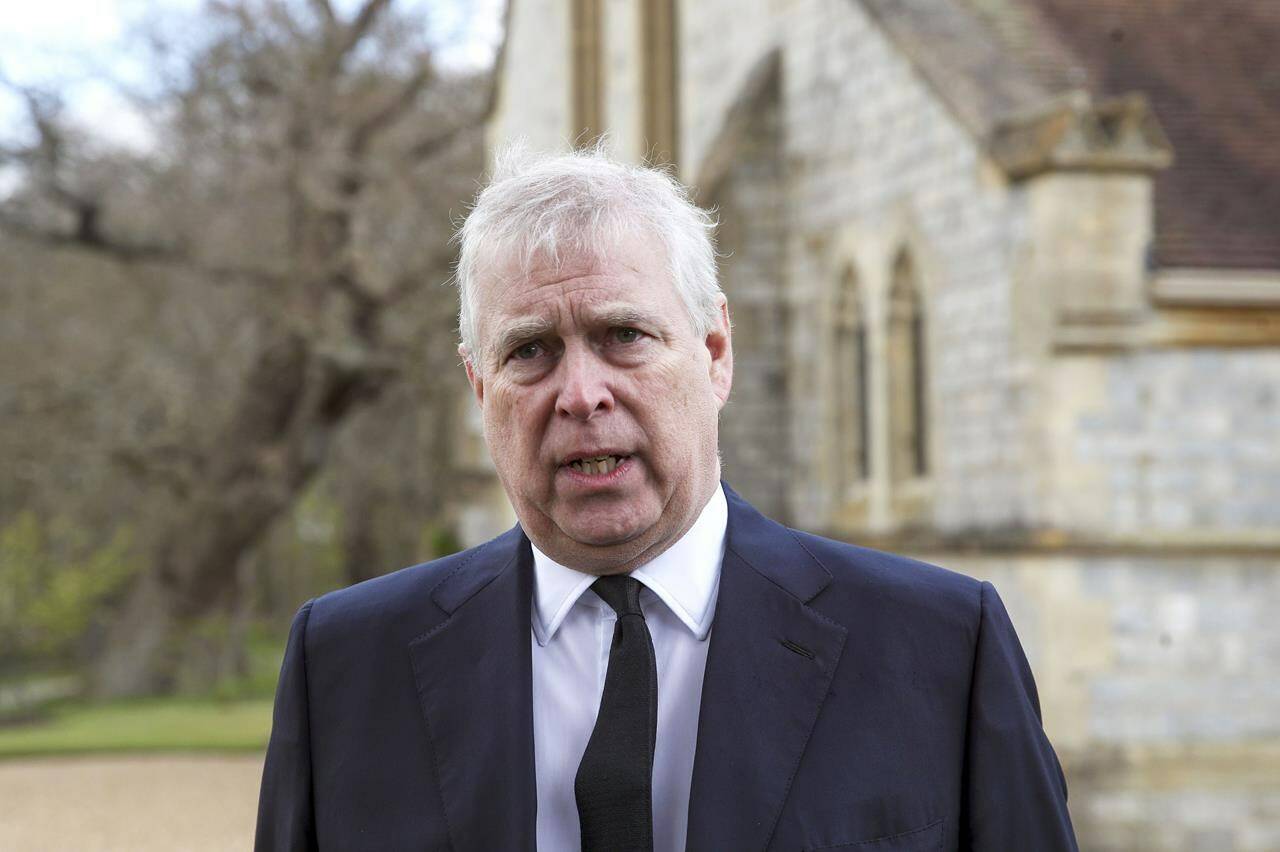 FILE - In this Sunday, April 11, 2021, file photo, Britain’s Prince Andrew speaks. during a television interview at the Royal Chapel of All Saints at Royal Lodge, Windsor, England, Sunday, April 11, 2021. A lawsuit by an American who claims Prince Andrew sexually abused her when she was 17 might have to be thrown out because she no longer lives in the U.S., lawyers for the Prince said in a court filing Tuesday, Dec. 28, 2021. (Steve Parsons/Pool Photo via AP, File)
