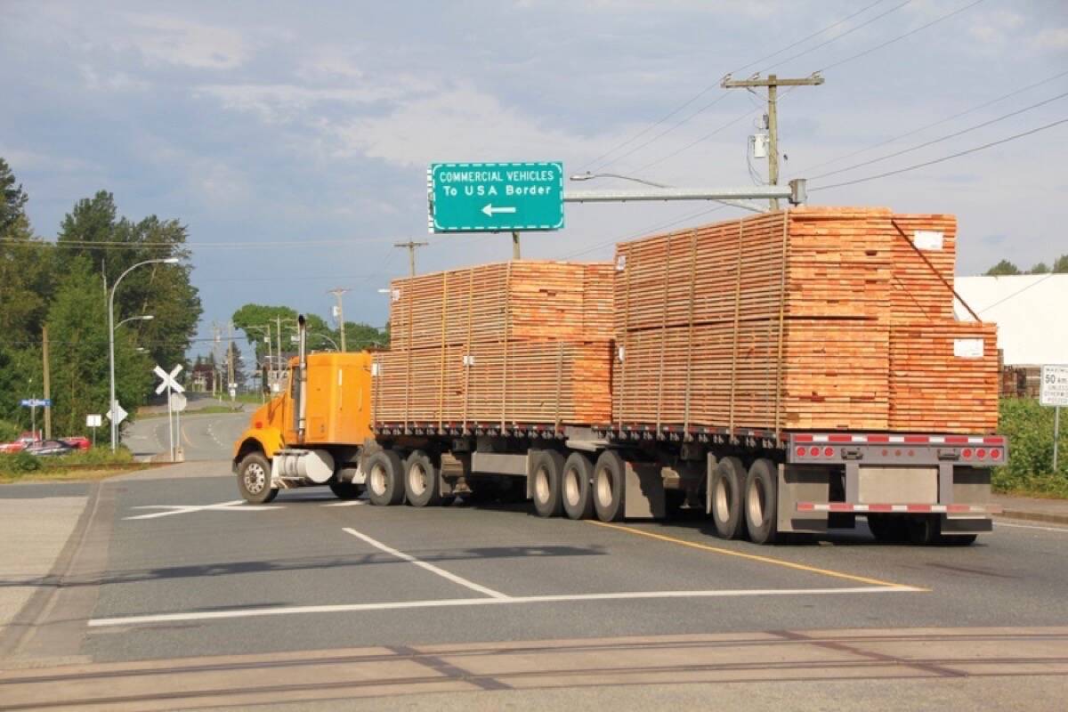A truckload of B.C. lumber heads to the United States, which has imposed steep border duties on standard construction lumber that is in short supply as timber cutting restrictions increase. (Resource Works Society)