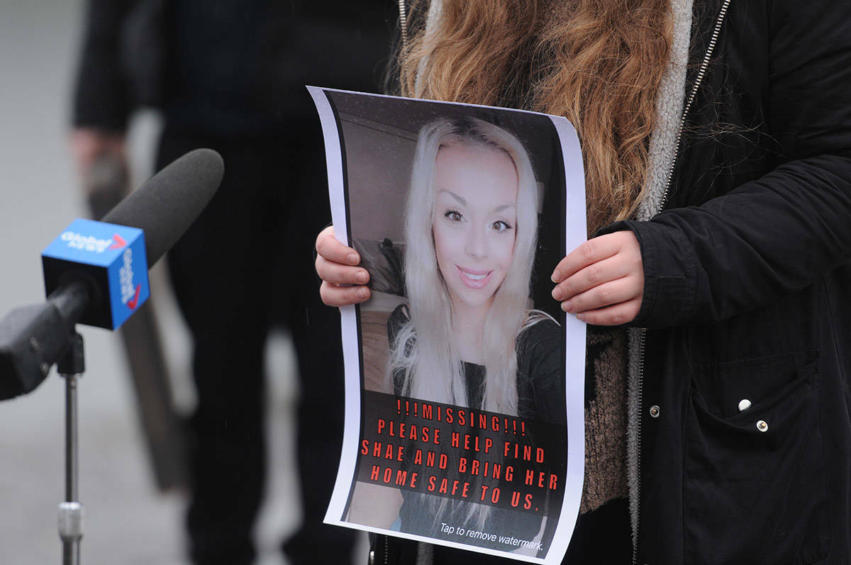 A supporter holds a poster of Shaelene Bell on Tuesday, Feb. 2, 2021. Bell’s mother, Alina Durham, is working on getting a bill passed to get an adult alert system in place called Shaelene’s Missing Adult Alert. (Jenna Hauck/ Chilliwack Progress file)