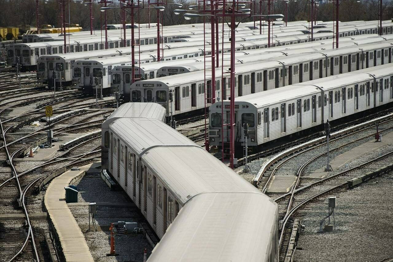 Subway trains line up in a TTC yard in Toronto on Thursday, April 23, 2020. Canada’s big-city mayors are calling on the federal government’s help to make up huge shortfalls in transit revenue that threaten to derail the nation’s transit systems. THE CANADIAN PRESS/Nathan Denette