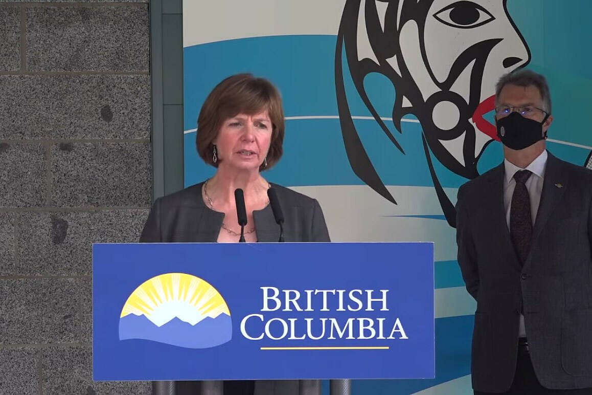 Minister Sheila Malcomson speaks at an Oct. 29 announcement of new treatment spaces at Red Fish Healing Centre on Kwikwetlem territory. (Goverment of BC/YouTube)