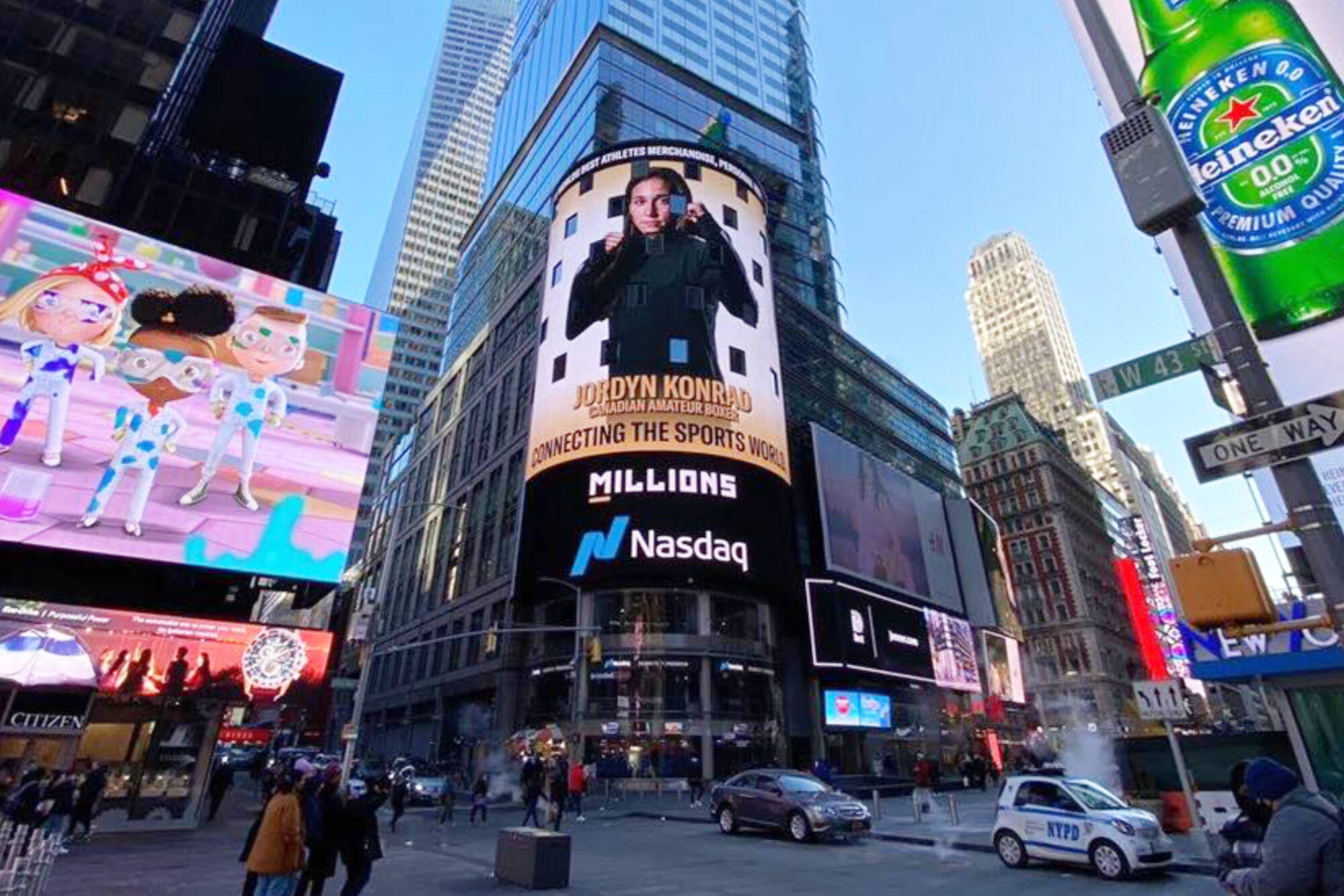 Salmon Arm’s Jordyn Konrad recently appeared on the 120-foot Nasdaq billboard in New York’s Times Square in a promotion for millions.co. (Contributed)
