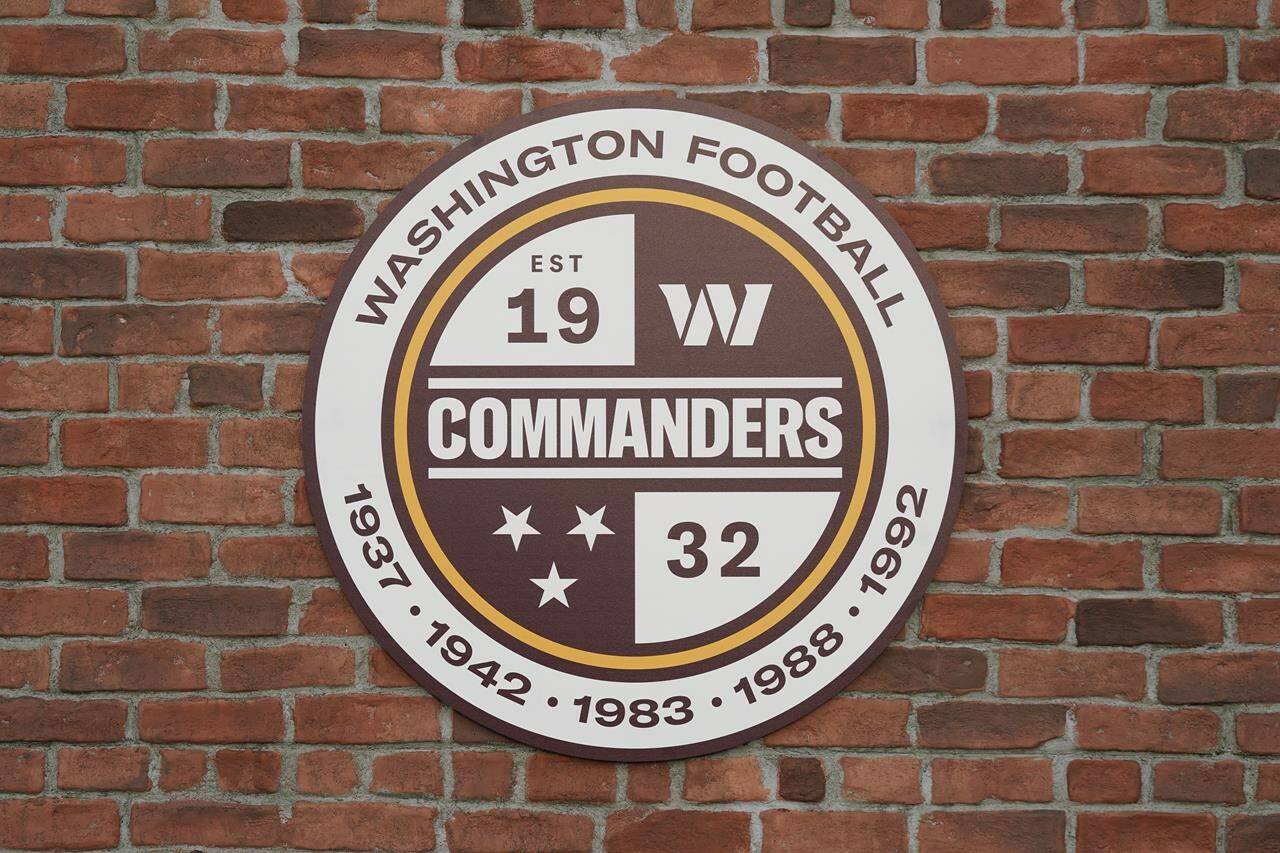 A Washington Commanders sign is shown as they unveil their NFL football team’s new identity, Wednesday, Feb. 2, 2022, in Landover, Md. The new name comes 18 months after the once-storied franchise dropped its old moniker following decades of criticism that it was offensive to Native Americans. (AP Photo/Patrick Semansky)