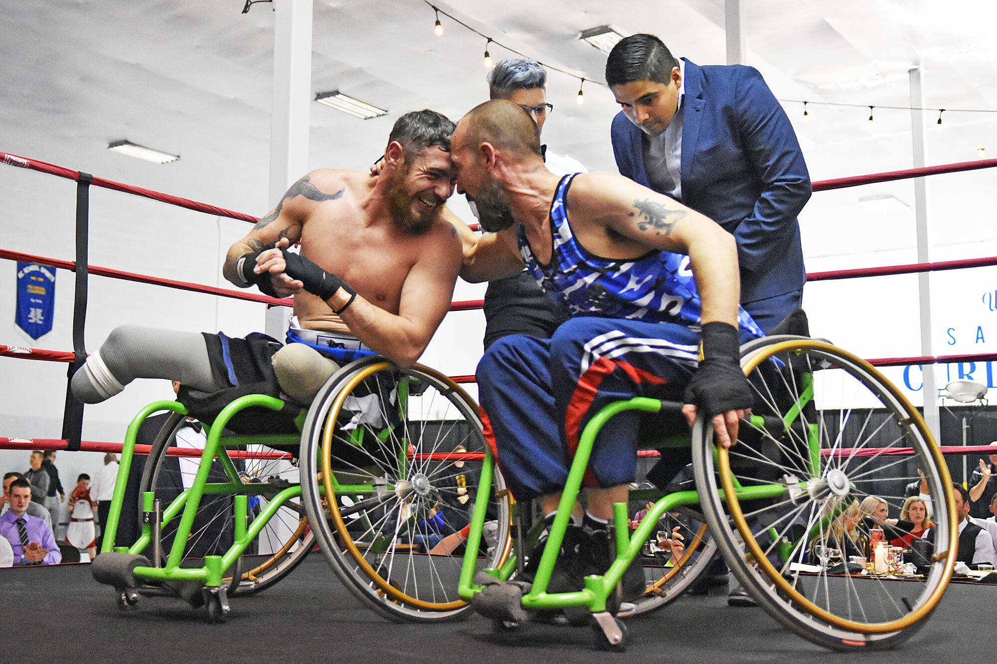Brits Chris Middleton of Newcastle and Colin Woods of Leicester await the result of their adaptive boxing exhibition bout, the first fight of the 2019 Hit 2 Fit event. (File photo)