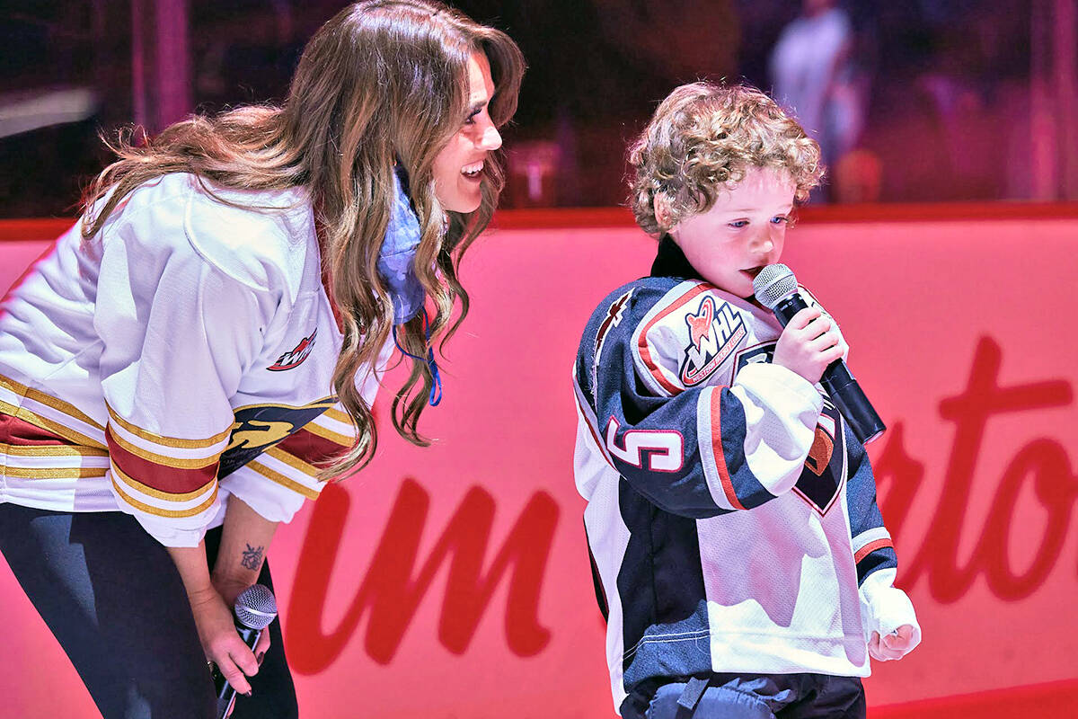 Six-year-old Casey Dyck sang O Canada at the Jan. 28 Vancouver Giants game at the Langley Events Centre, with mom Whitney there for support. (Rob Wilton/Special to Langley Advance Times)