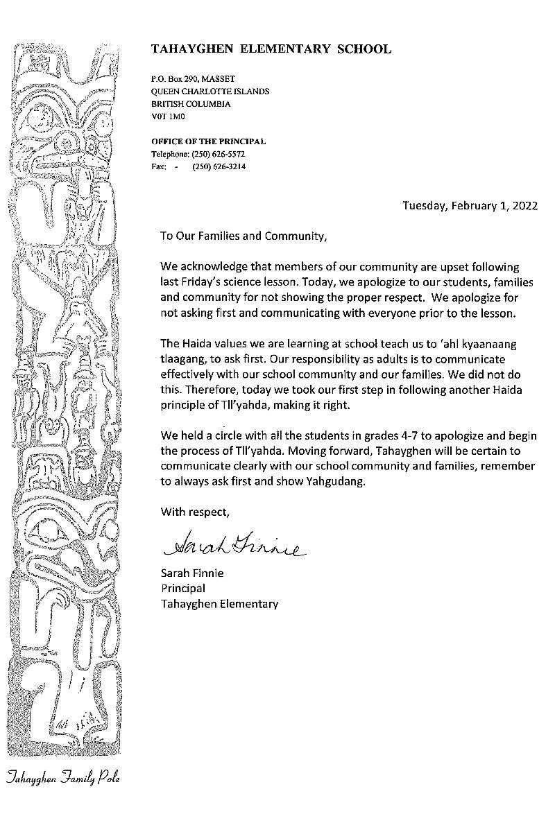 An apology letter sent to parents of a Haida Gwaii elementary school after the in-classroom killing and dissection of three rabbits on Jan. 28 in front of nine to 12 years old students. (Image: supplied)