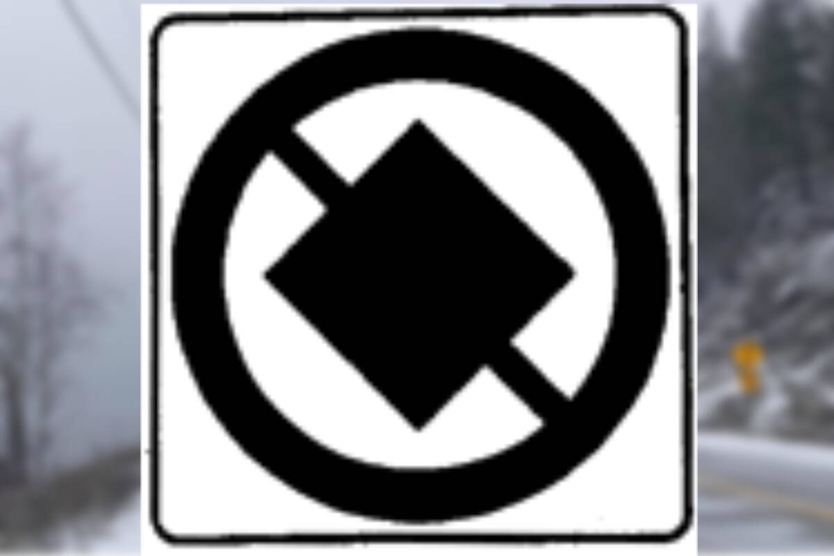 A black and white example of a B.C. Dangerous Goods Prohibition Sign. (B.C. Government image)