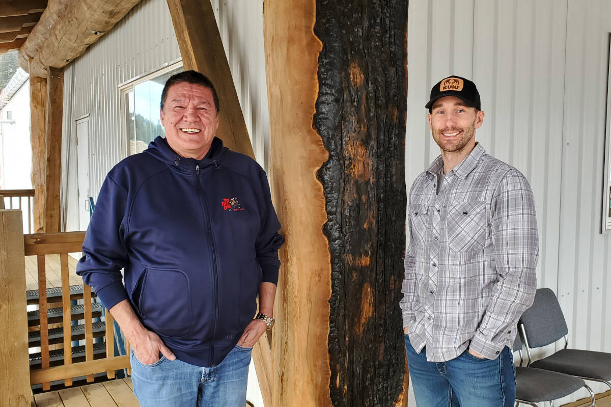 Tsideldel First Nation councillor and Central Chilcotin Rehabilitation (CCR) director Percy Guichon, left, and Tsi Del Del Enterprises Ltd. forester Danny Strobbe are excited about CCR’s trial project using drones to seed forests devastated by wildfires. (Monica Lamb-Yorski photo - Williams Lake Tribune)