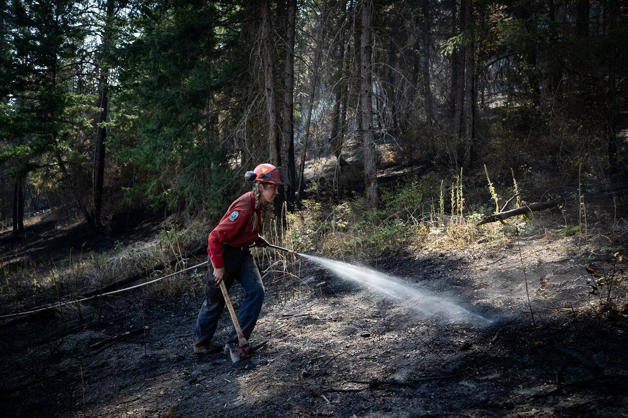 Wildland firefighter Katie Devaney carries an axe and hose as she works to extinguish hot spots remaining from a controlled burn the B.C. Wildfire Service conducted to help contain the White Rock Lake wildfire on Okanagan Indian Band land, northwest of Vernon on Wednesday, August 25, 2021. A fire ecologist says new provincial funding to expand the BC Wildfire Service to a year-round endeavour is a welcome step toward preventing and mitigating disasters, while some others in the field say the funds could be better spent elsewhere. THE CANADIAN PRESS/Darryl Dyck