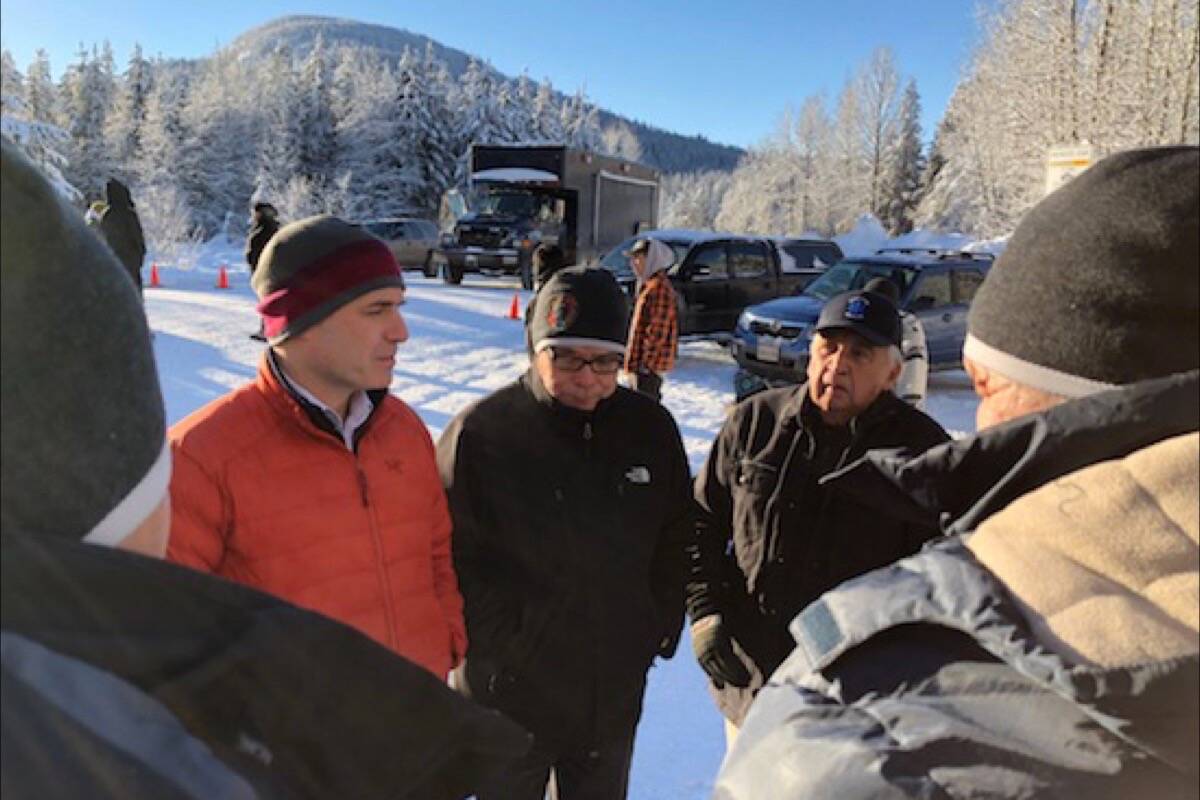 Former Skeena-Bulkley Valley MP Nathan Cullen (left) speaks in 2019 at blockade on the Morice River Road near Houston B.C. attempting to stop Coastal GasLink pipeline project. Now B.C. MLA for Stikine, Cullen was appointed Feb. 25, 2022 as municipal affairs minister, with Mid-Island Pacific Rim MLA Josie Osborne moving to a newly created ministry of land, water and resource stewardship. (Facebook photo)