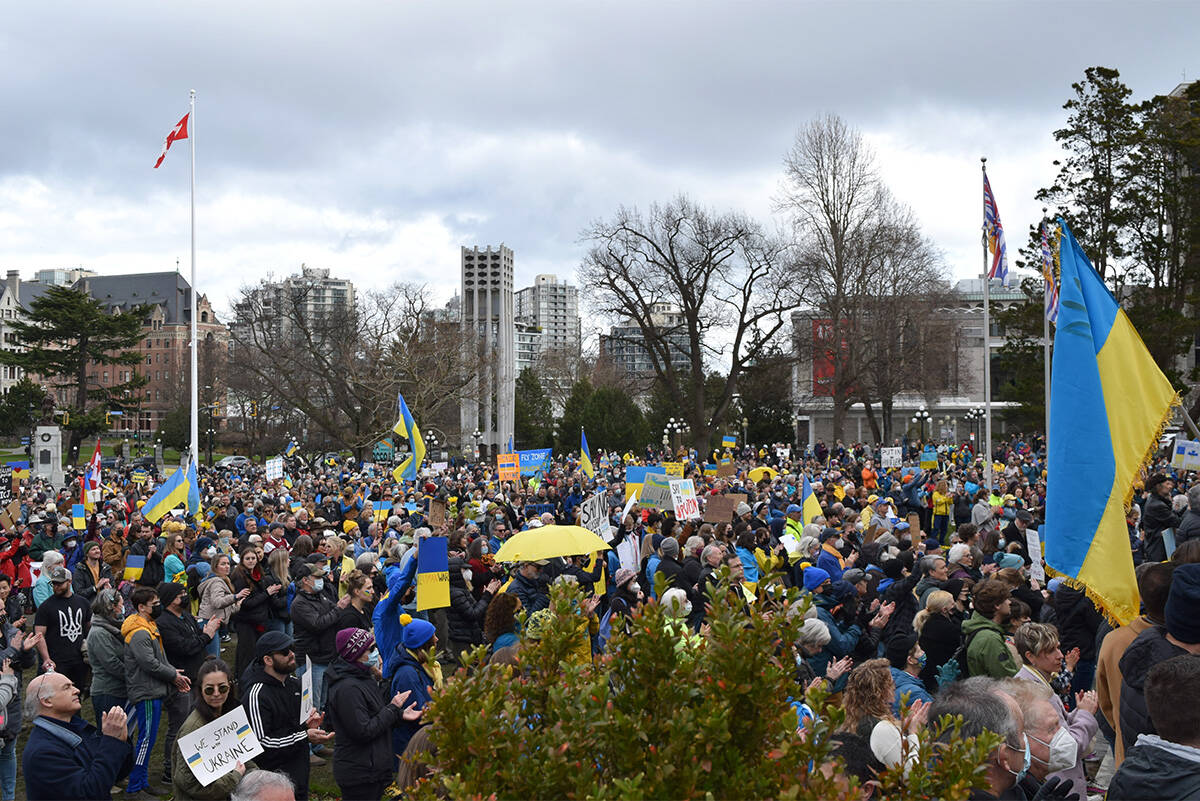 Over 300 people appeared to have attended the rally for support of Ukraine at the B.C. Legislature on Feb. 27, 2022. (Kiernan Green/News Staff)