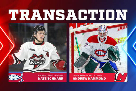 Former Vernon Vipers goalie Andrew Hammond was dealt by the Montreal Canadiens on NHL Trade Deadline Day Monday, March 21, to the New Jersey Devils for forward Nate Schnarr. (Twitter graphic)