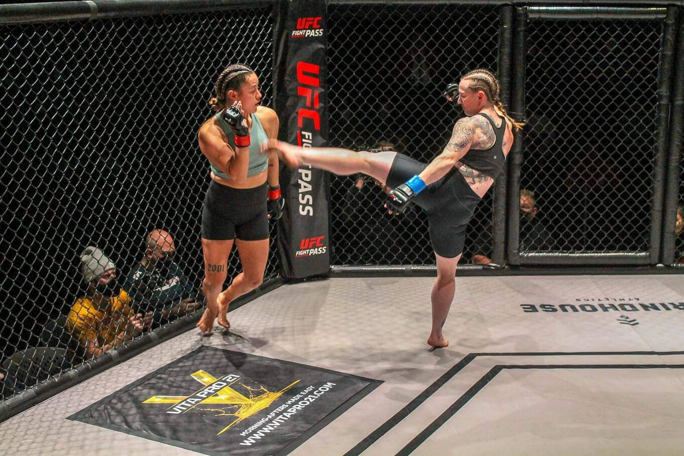 Rylie Marchand (left) of Vernon's Unity MMA and Kickboxing gym won by unanimous decision in a fight versus Robyn Dunne at Battlefield Fight League 71 in Vancouver on March 10, 2022. (Submitted photo)
