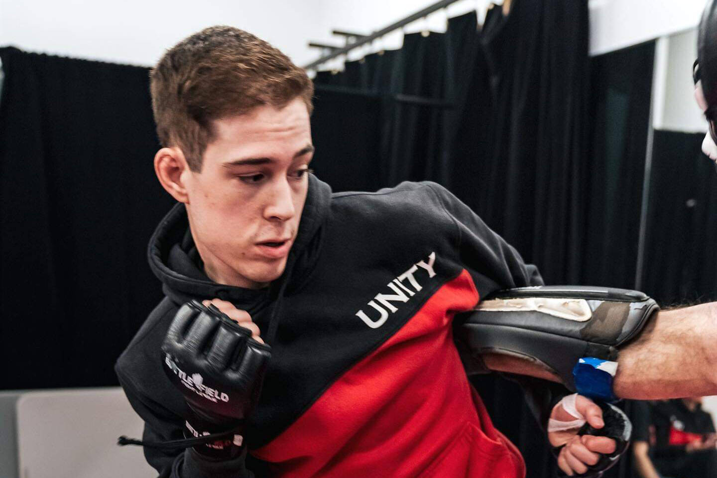 Damon Marlow of Vernon’s Unity MMA and Kickboxing gym won by TKO in a fight against Matt Lepper at Battlefield Fight League 71 in Vancouver on March 10, 2022. (Submitted photo)