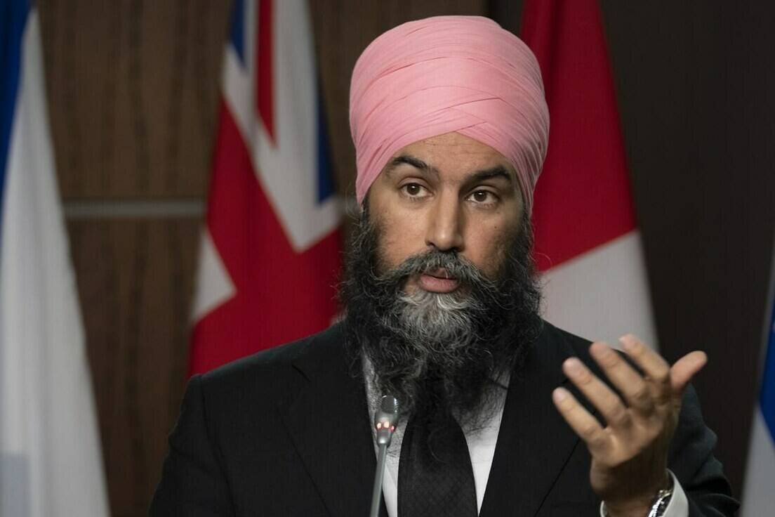 New Democratic Party Leader Jagmeet Singh speaks with the media following caucus, in Ottawa, Wednesday, Dec. 1, 2021. THE CANADIAN PRESS/Adrian Wyld