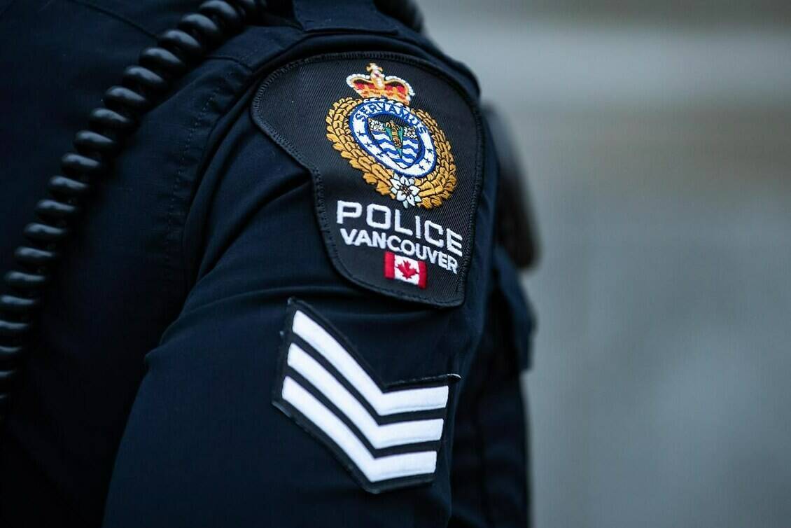A Vancouver Police Department patch is seen on an officer’s uniform in the Downtown Eastside of Vancouver, on Saturday, January 9, 2021. The department is searching for witnesses in a March 31 assault on a visually-impaired man. THE CANADIAN PRESS/Darryl Dyck